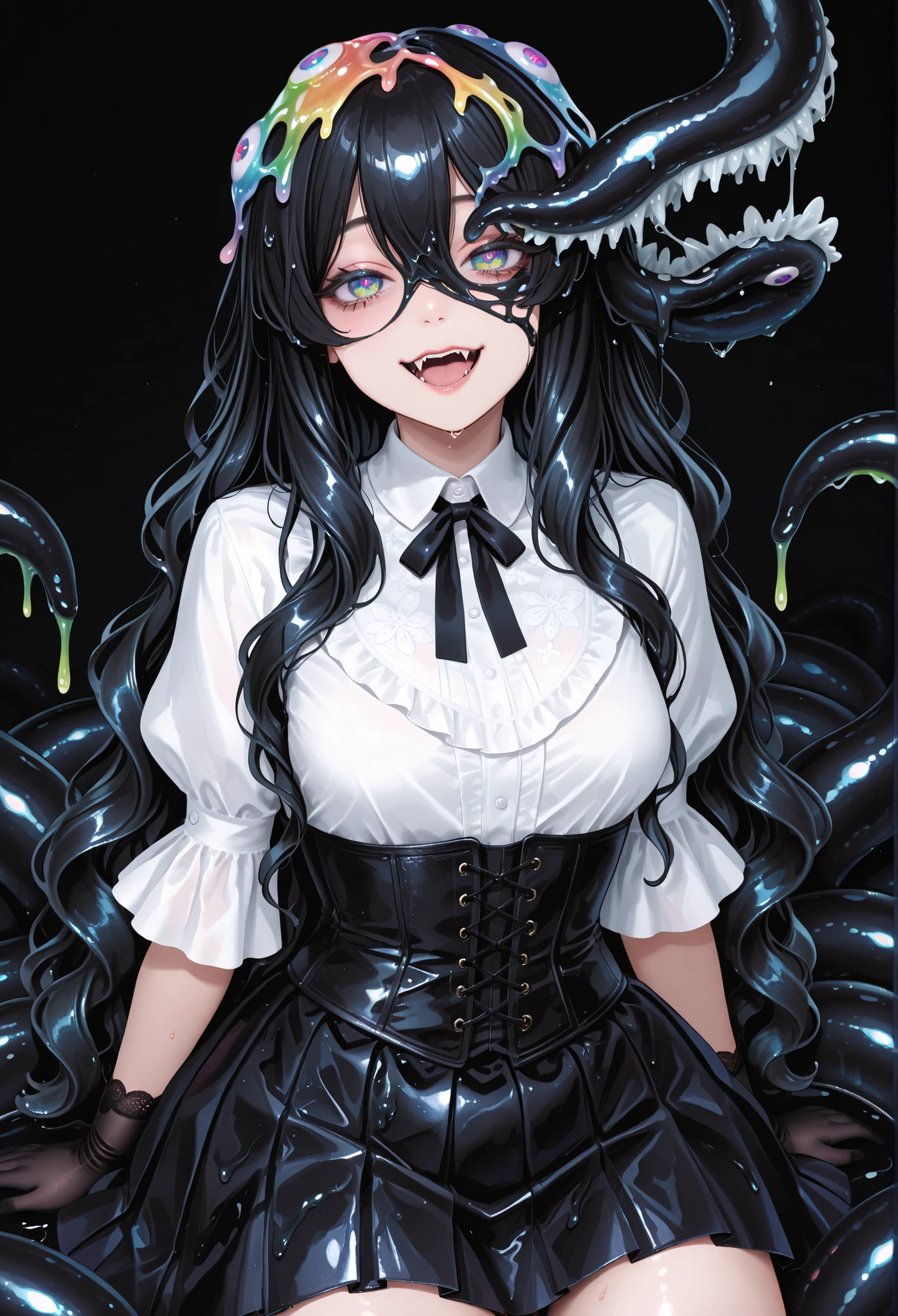 Monster girl. Black hair. Long hair. Wavy hair. Big eyes. Rainbow pupils. White blouse. Corset. Ruffled skirt. Black gloves. Slime tentacles. Black slime. Hair monster. Mouth on head. Sea-anemone on head. Fangs growing from its hair.