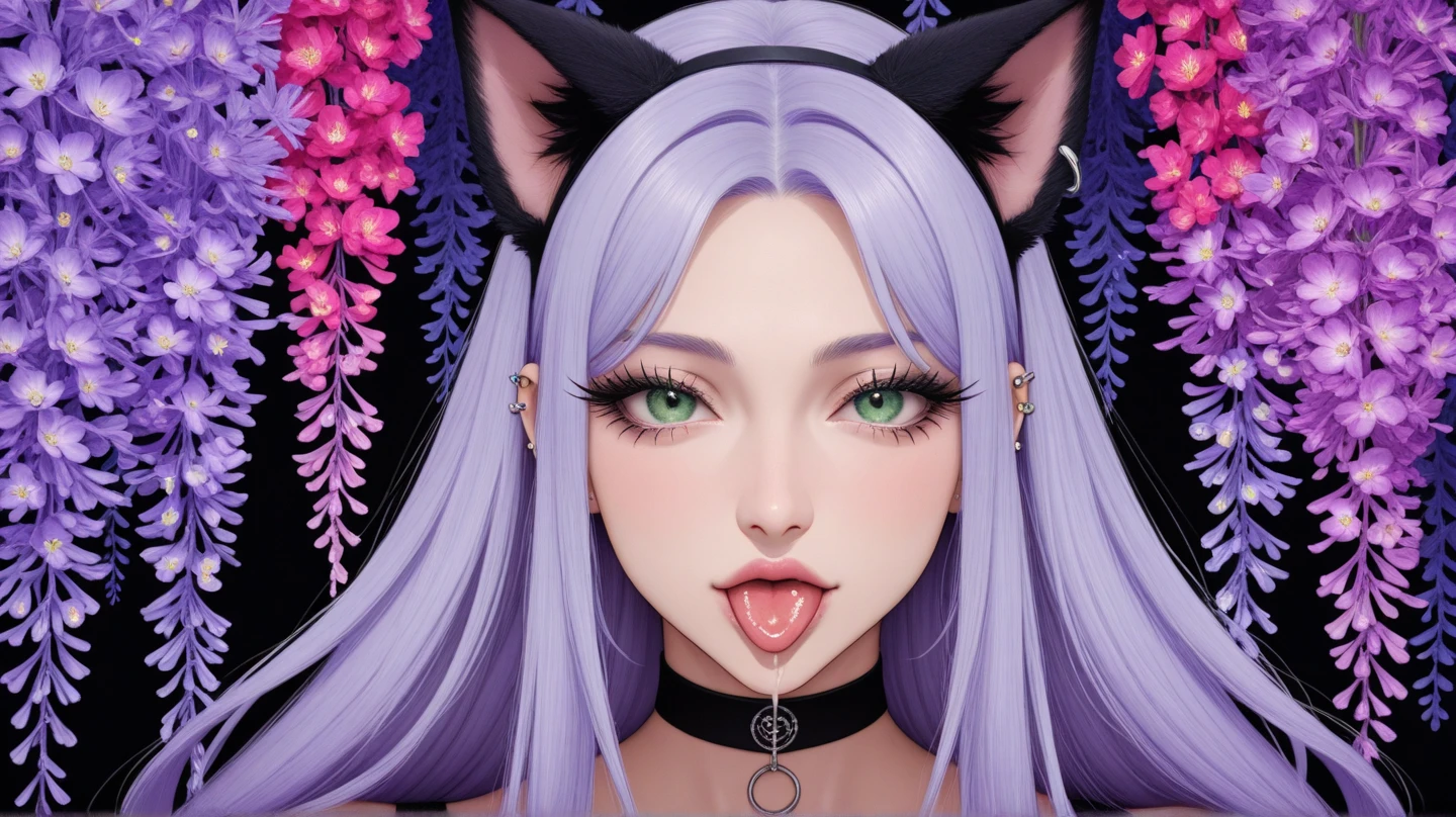 masterpiece, high res, 4k, best quality, beautiful face, detailed face, ultra-detailed, 1girl, solo, long hair, black background, neon glow, emerald green gradient hair, purple highlights, hoop earrings, dark-skinned female, tattoo, colored skin, BREAK, (yamanba, white facepaint makeup:1.3), face stickers, pursed green lips, parted lips, eyeshadow, very dark skin, makeup,(metallic glitter) jewelry, white face tattoo, large intricate hair accessories, brown skin, <lora:MirkoMHA-v1-1:1> mirkomha, rabbit ears, red eyes, white hair, very long hair,  fur collar, dark skin, dark-skinned female <lora:fellatrix_style_v2:.7> fellatrix style <lora:retromanba:.6> <lora:ManbaSD1_5_Baaki:.25> <lora:Kuroko:.25> <lora:fakelips_1:1> lip filler