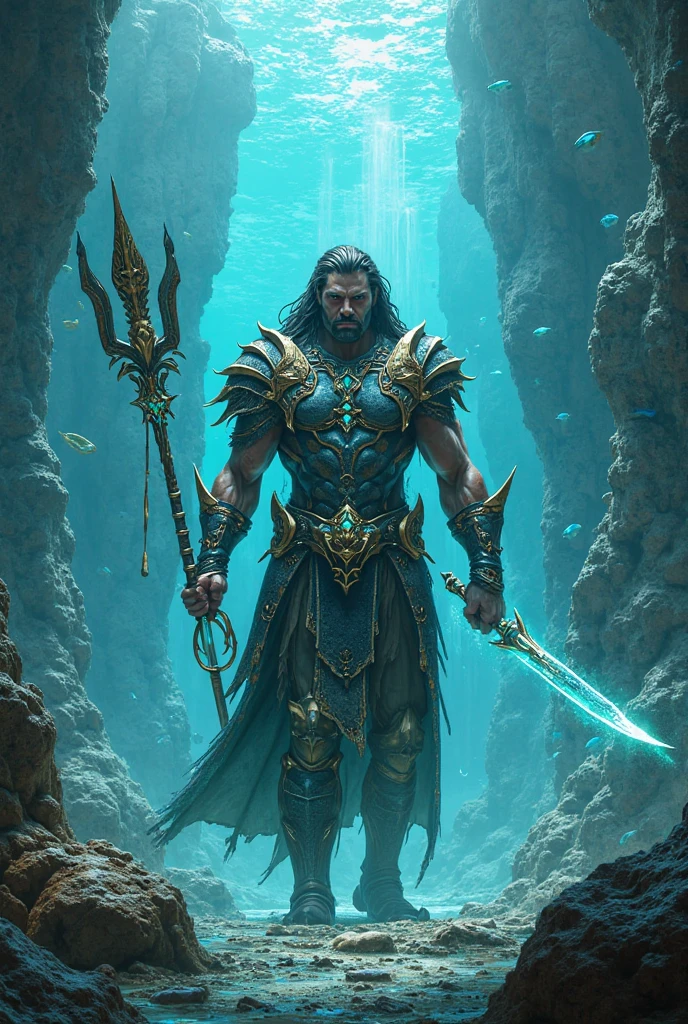 Atlantean warriors, Hedra, emerges as a luminary being from the depths of the ocean