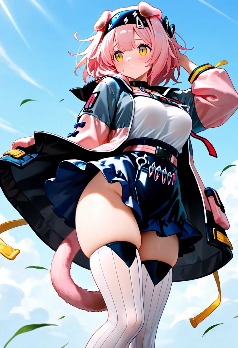 score_9, score_8_up, score_7_up, score_6_up,score_5_up,score_4_up, BREAK ,big breasts, 1girl, solo, NyannersBase, long hair, cat ears, cat tail, hoodie, long sleeves, camisole, cat print, white skirt, cat ear legwear, asymmetrical legwear, paw pose, smile, outdoors, from behind, plump ass, perfect butt, beautiful butt, wind gust,panty peek