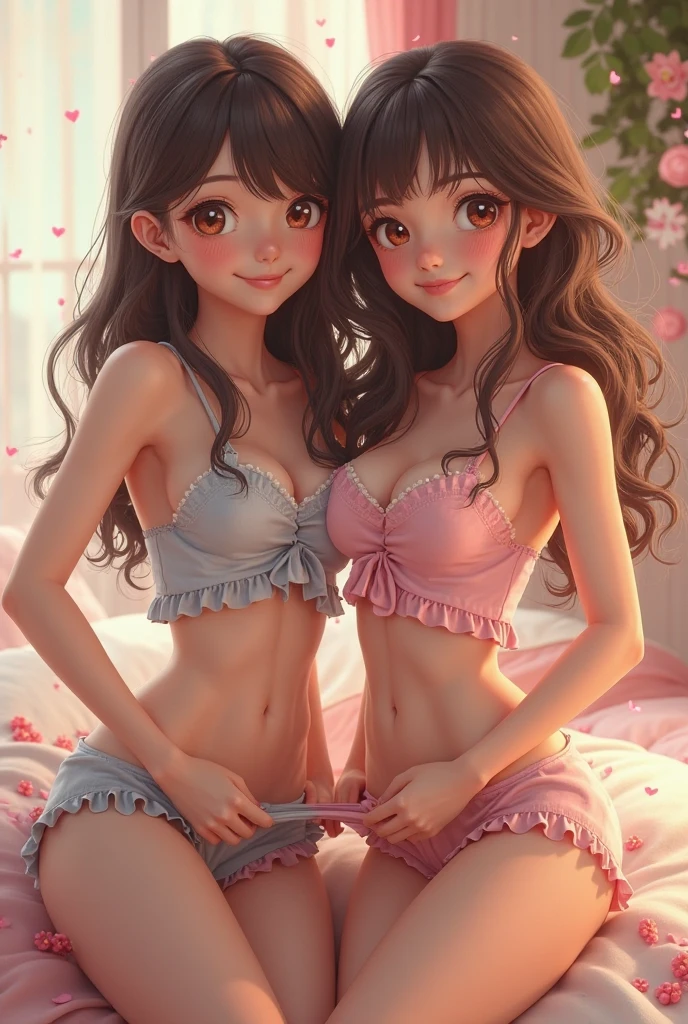 ((2 girls)), ((highest quality)), (super detailed), (very detailed CG 統合 8k 壁紙), very detailed, High-definition RAW color photo, professional photography, ((beautiful big breasts)), ((bare chest)), (red ribbon), peanut butter brown hair, wonderful face and eyes, pink eyes, (amazingly beautiful girl), School, (see-through sheer micro bra:1.6), horizontal lace panties, pink panties、light blue panties、camel toe,