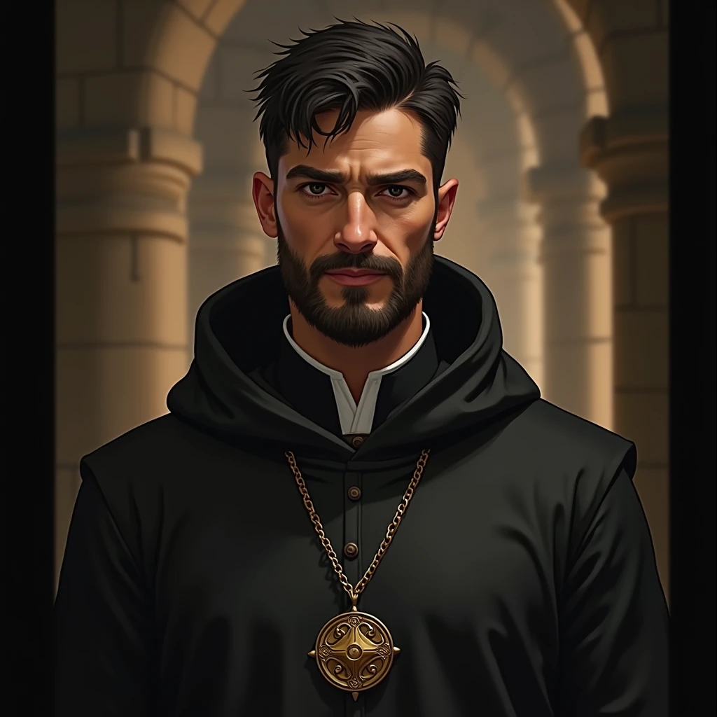 high quality, masterpiece, intricately detailed, detailed face and eyes, detailed lips, 1boy, monk, robes, hood, hood up, dark shadows, menacing, frown, cross necklace, red theme, old man, facial hair, mustache