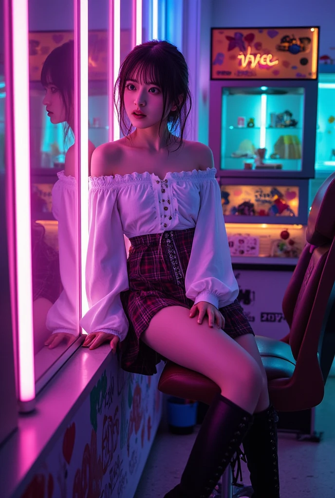(((Misako Renbutsu)))Beautiful Young Female with ((Twin Braids) covering Bust) (Flashing Crotch) on ((Dusk Train)), (extremely delicate and beautiful) Detailed Closing Texture, Professional portrait of SemiNude photography, (((Unbuttoned cardigan with beltbra:1.37)) White SkinnyShorts)Navel, (sitting_chair) {leaning back|(knee up to chest)}, (Motion blurred window){(Tyndall effect)|lens flare|Haze|bokeh} ZoomLayer (Oodles Blurred Colorful Lights (Starry particles)), (TopQuality Masterpiece of 8K Ultra-detailed DigitalPainting by Jeremy Lipking), (Clearly visible the Shape of Crotch), (extra leg:-1)