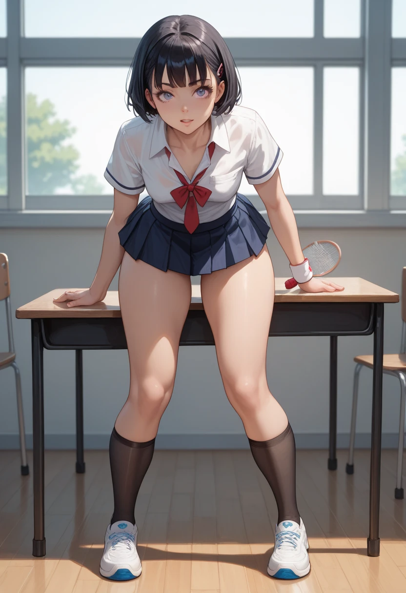 best quality,ultra-detailed,high resolution,extremely detailed CG,perfect anatomy,detailed,cinematic lighting,beautiful detailed eyes,ultra high res,pov,1girl,MILF,milf,gleaming skin,oil skin,large breasts,wide hips,skindantation,sweat,humid,clothed,curvy, (night:1.1),(moody lighting:1.3),(classroom:1.5),blue red pink white,dashed eyes,leggings,sports bra,sitting desk,spread legs,(seductive smile:1.8),(open mouth:1.3),from below
