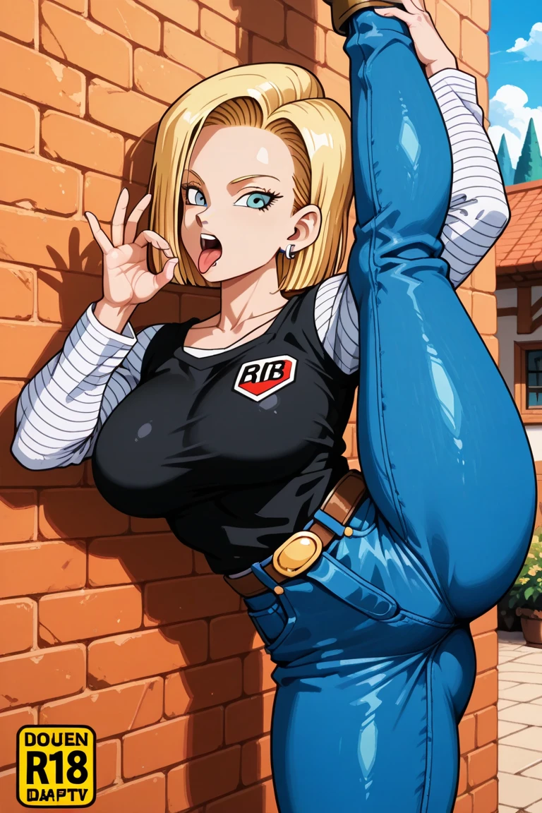 android 18 from dragonball, short blonde hair, blue eyes, eyelashes, cleavage, large breasts, narrow waist, black latex t-shirt, white striped sleeves, denim jacket, open jacket, belt, denim miniskirt, pantyhose, hoop earrings, behind pov, sitting on you, sitting, dick, sex, having sex, evil grin, covered breasts, covered neck, backside view, ass on dick, dick in ass, turned around, looking behind, wide hips, big ass, giant breasts, cleavage, crazy smile, fangs, rape, cumflation,