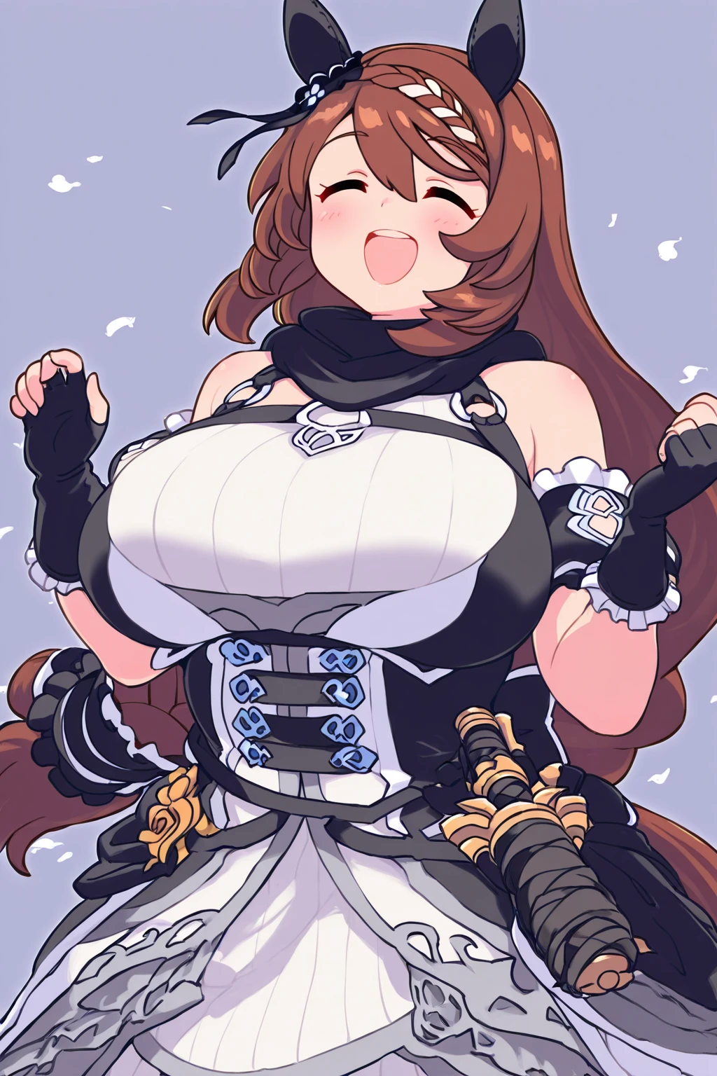 arikatak, 1girl, solo, hair ribbon, brooch, bow, sleeveless shirt, underbust, pleated skirt, thighhighs, castle, skey, medieval, smile