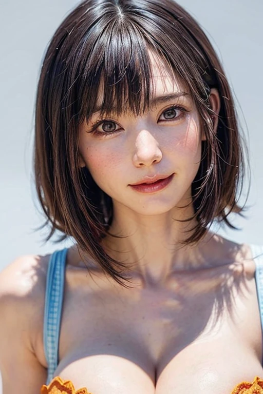 1 girl, alone, Beautiful Skin, very detaileded, ultra detaileded, Ultra-high resolution, (Photorealism:1.4), (highest quality), (Best Shadow), detailed, Perfect lighting, Black Hair, ((Showpiece, highest quality, High precision)), One Girl, (Realistic: 1.4), (look up at the camera even a little, カメラをlook up, look up, look up at the camera, Looking into the camera))), alone, White Background, snow-White Background, shut up., smile, pretty Black Hair, short hair:1.6, Big eyes, Beautiful double eyelids, eyelash, listen, Long neck, 美しいLong neck, Absolute area, ((Face close-up, short hair with bangs、Short Bob Hair:1.5、Off the shoulder)), 19 years old, Attractive proportions, Shiny skin, Beautiful clavicle, Golden ratio face, Perfect Face, Teardrop-shaped mole, Mole on chest, bangs, clean bangs, beautiful bangs, Lip gloss, Thin lips, White skin, I took off my clothes, Small face, Small face, 少し上を向いてLooking into the camera, ((smile a little for the camera, really nothing pure White Background, Listen carefully, big 胸、Dynamic Angle:1.5))