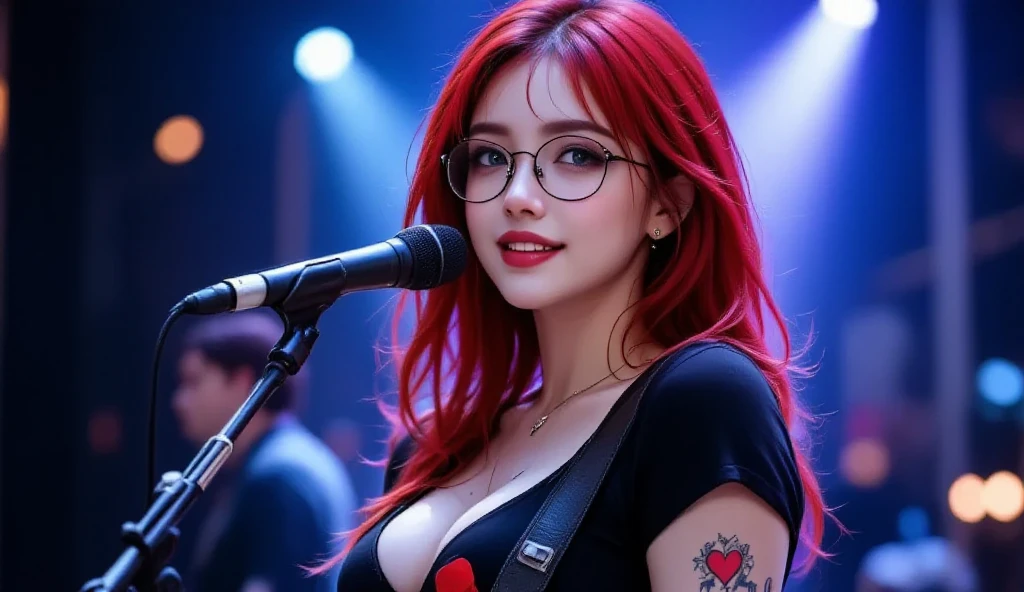 Sexy Asian girl with big boobs in bikini, in headphones, redhead, holding wooden sign with "I ❤️ POP" written on it, realistically 