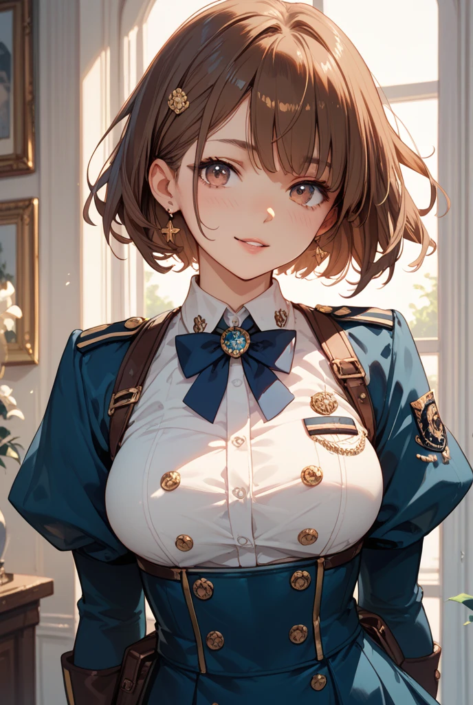 (masterpiece:1.2, highest quality), (realistic, photorealistic:1.4), beautiful illustrations, (natural side lighting, movie lighting), 
looking at the viewer, Upper body, (Front view), ((1 female:1.4)), Japanese, perfect face, Cute symmetrical face, shiny skin, baby face, long eyelashes, (big breasts), 
beautiful hair, beautiful face, thin and beautiful eyes, beautiful body, beautiful breasts, beautiful thighs, beautiful feet, beautiful fingers, 
(beautiful scenery), (cute smile), (1 female), (brown hair chignon:1.6), yellow eyes、white skin、(Self-Defense Officer Uniforms:1.9), (Look at the viewer while blushing:1.3)