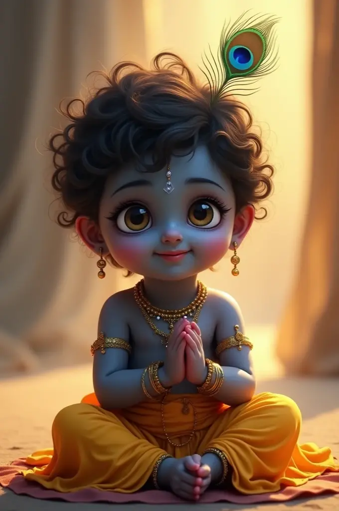 Create an image of baby Krishna with deep, bluish-black skin, sitting peacefully with his large, captivating eyes that sparkle with divine light. He’s wearing a simple yellow dhoti and a tiny peacock feather in his curly hair. The focus is on his beautiful eyes and serene smile, set against a soft, glowing background."