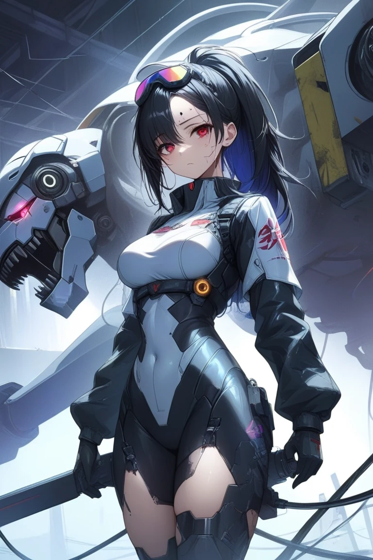 masterpiece、Top image quality、Black hair、Black bra、Colossal tits、mechs、animesque、8K,masterpiece, bset quality,Colossal tits、(1girl in)、((Pit Girl Suit))、shinny skin、Shiny big、dark-brown eyes、 ((top-quality))、 Crisp focus:1.2、Highly detailed facial and skin texture、A detailed eye、face perfect、perfect bodies、art by、nffsw、Blur the background、japanes、Big breasts with a strong presence、Circuit field、Blur the background、Cowboy Shot、
