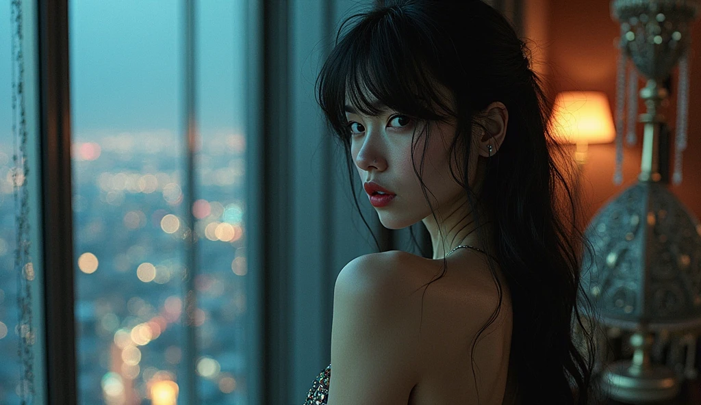 Best quality, masterpiece, ultra high res, (photorealistic:1.5), raw photo, 1girl, offshoulder, in the dark, deep shadow, low key, cold light, sexy look, short hair、Drinking wine at a restaurant with a beautiful night view