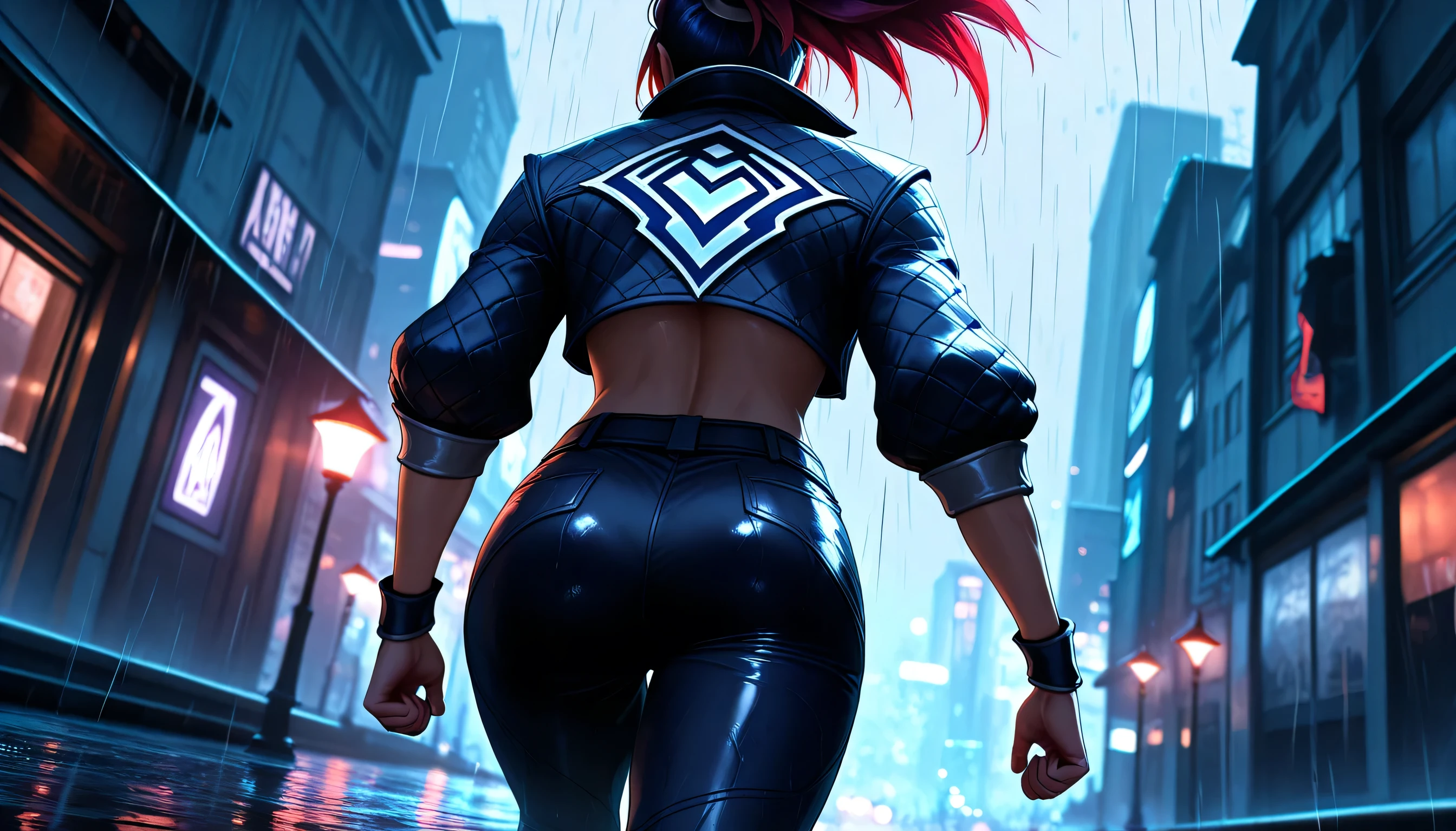 Akali from League of legends, red hair, black uniform clothes, walking, low-angle, cinematic lighting, moody atmosphere, detailed facial features, dynamic pose, gritty urban environment, city lights, rainy weather, assassin style, digital illustration, 8k, hyper-detailed, photorealistic, Solo, masterpiece, Sharp focus, HD, UHD, 8k, depth of field, dynamic, cinematic view,, back view,