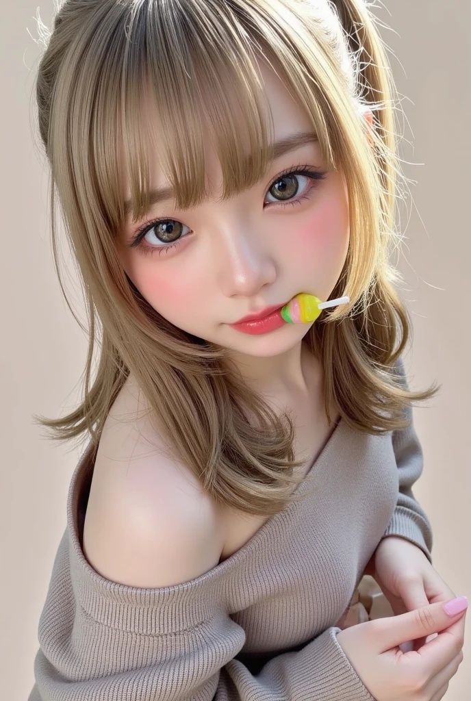 Very Close up with head, pretty face, freckles, charm, super detail, golden hair, detail short wavy hair,oversize hoodie, camouflage skirt, young adult, 1 realistic girl, skinny, smile ,shy, sitting on floor, looking up at viewer , symmetrical composition, 4k, high resolution, summer time