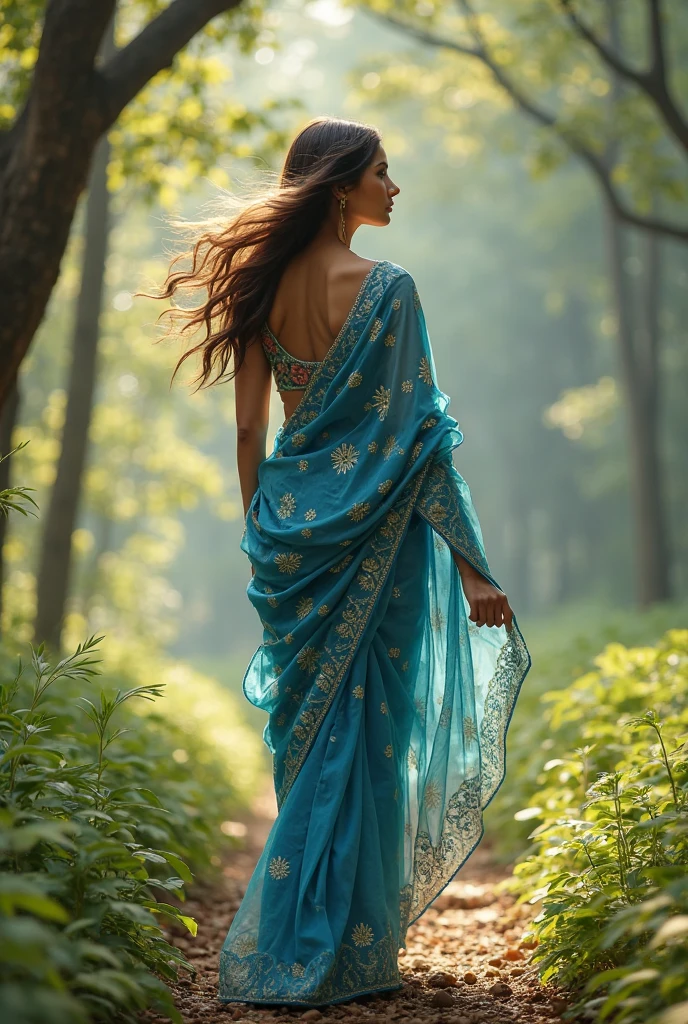 A realty woman waking on  bank of reaver, forest  background wearing saree in blue colour 