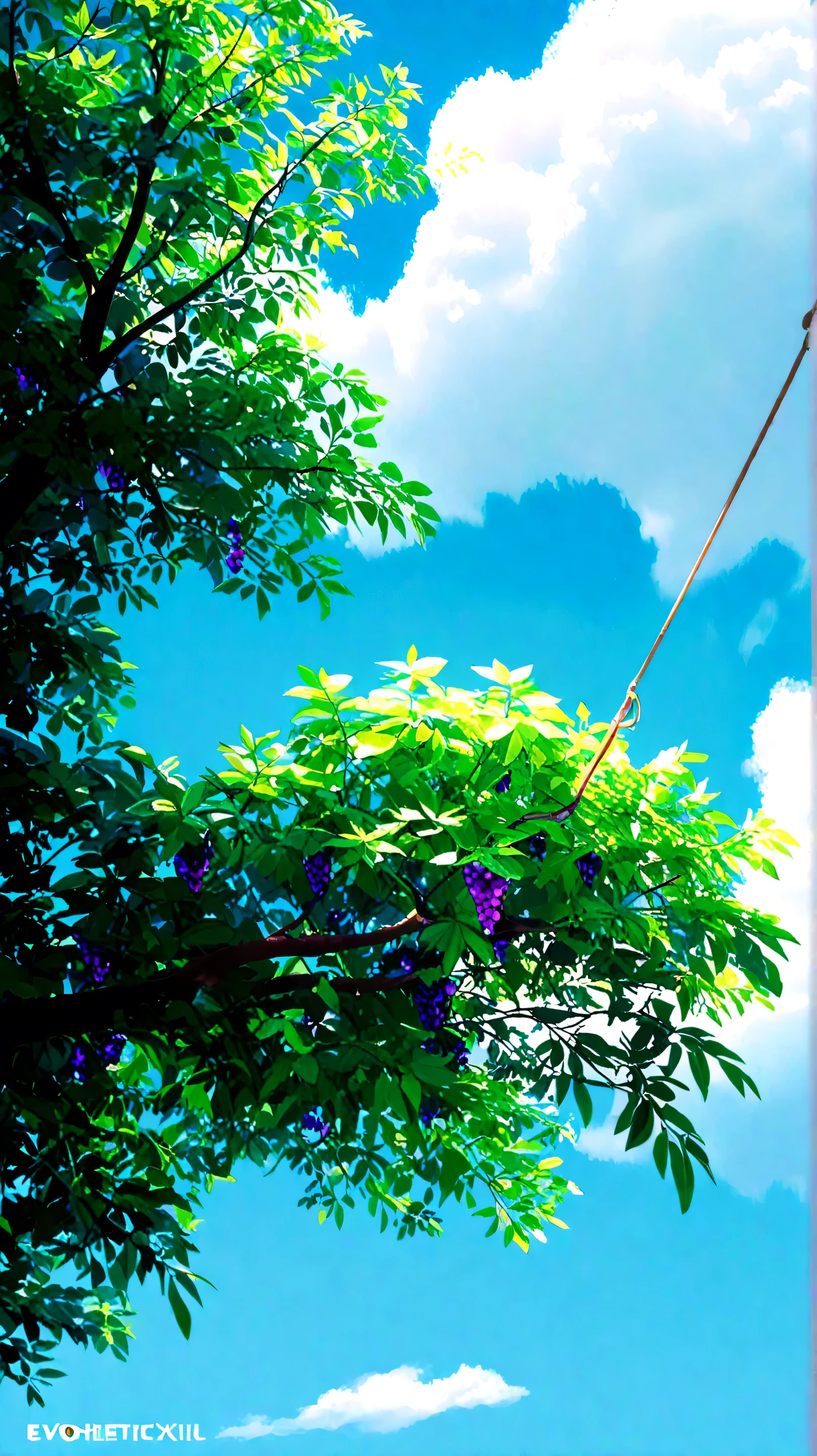 A semi-realistic digital illustration of a mulberry tree with vibrant green leaves and rich purple-black fruits, extending upward into a bright blue sky filled with thin, wispy white clouds. The lighting is sharp and natural, capturing the intensity of a clear sunny day. The composition focuses on the contrast between the vivid foliage and the open sky, with bold shadows and crisp details, evoking a clean, airy, and uplifting mood similar to a high-resolution photo