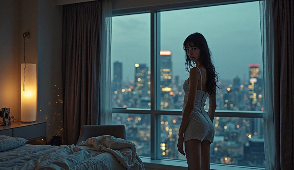 (YES NSFW). (a photo of 8k ultra realistic sensual woman standing next to a futuristic window overlooking a modern city, swarm of transparent glass shards, cinematic lighting, trending on artstation, 4k, hyperrealistic, focused, extreme details, unreal engine 5, cinematic, masterpiece), bodytowel, Looking at the viewer, nice but, High details, Backlit. Diffuse lights. Viewed from bottom, lower point of view. Dutch angle. realistic hands, wide angle. Isometric, green fog in cave, smoke around, Ultra realistic, 16k, best quality, high resolution,