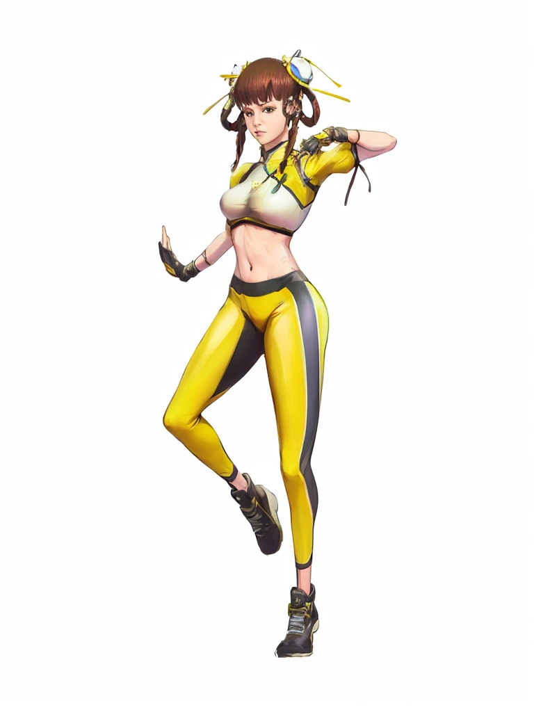 Aerith Gainsborough from final fantasy 7 rebirth, extremely detailed face, ((wearing sexy yellow thong swimsuit)), (full body), standing, barefoot, plain white background