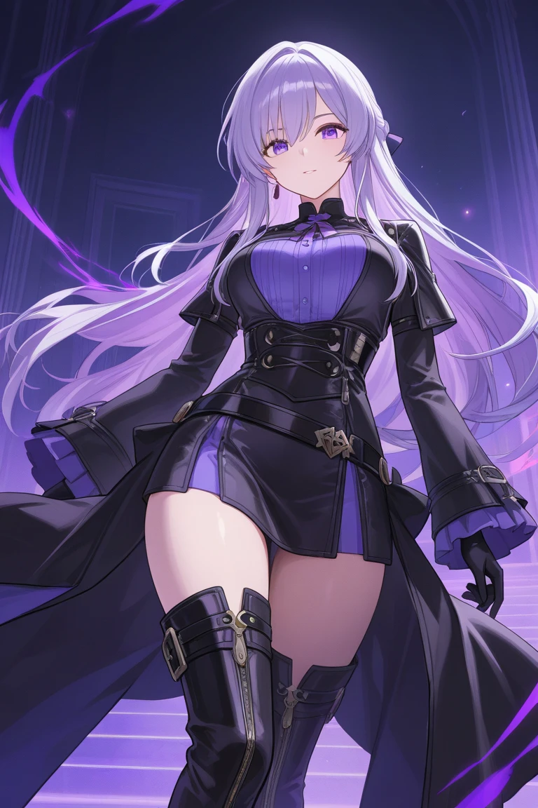Long purple hair, gothic clothing, black jacket, lilac blouse, large breasts, thin waist, thick legs, purple colored women's boots, silver necklace, purple colored eyes, blue skirt, dark night scenery.