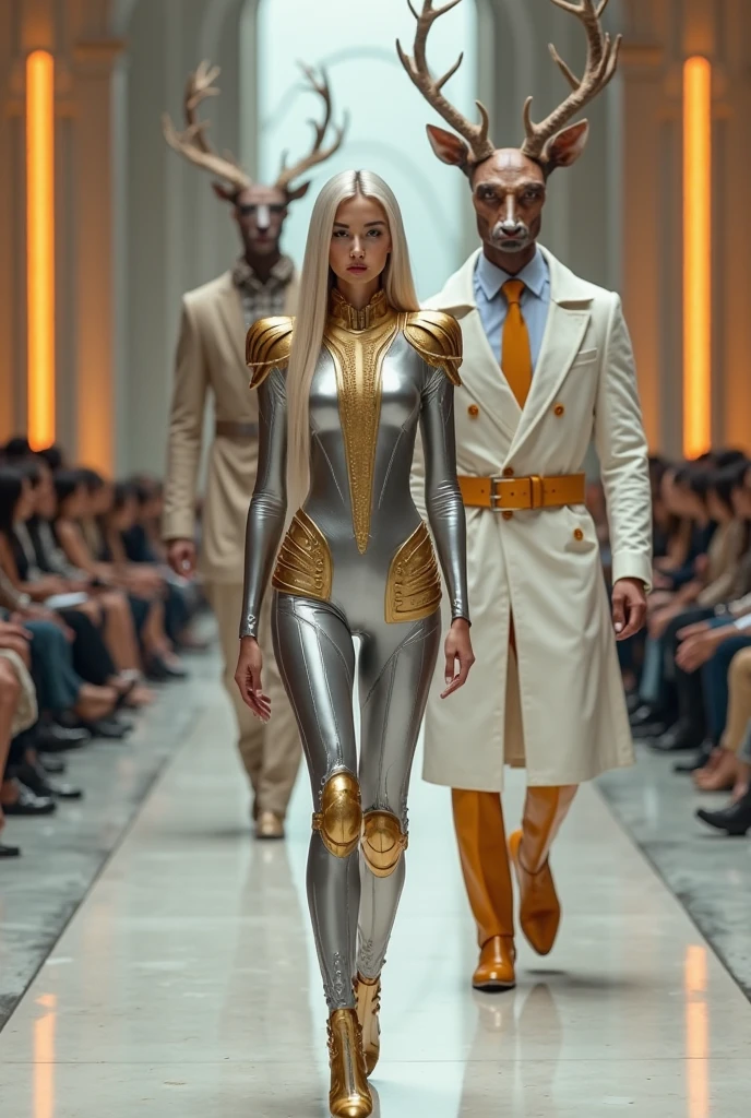 arafed image of a man and a woman in a suit and tie, three futuristic princes, woman is stunningly beautiful, woman with midsize firm breasts, NETRUNNERS, futuristic clothing, wearing futuristic white suit, wearing futuristic clothing, cybersuits, futuristic clothes, futuristic cyber clothing, futuristic fashion clothing, biopunk futuristic wardrobe, cyber suit, futuristic fashion, futuristic tech wear, diverse cybersuits, cyber wear, futuristic royalty
