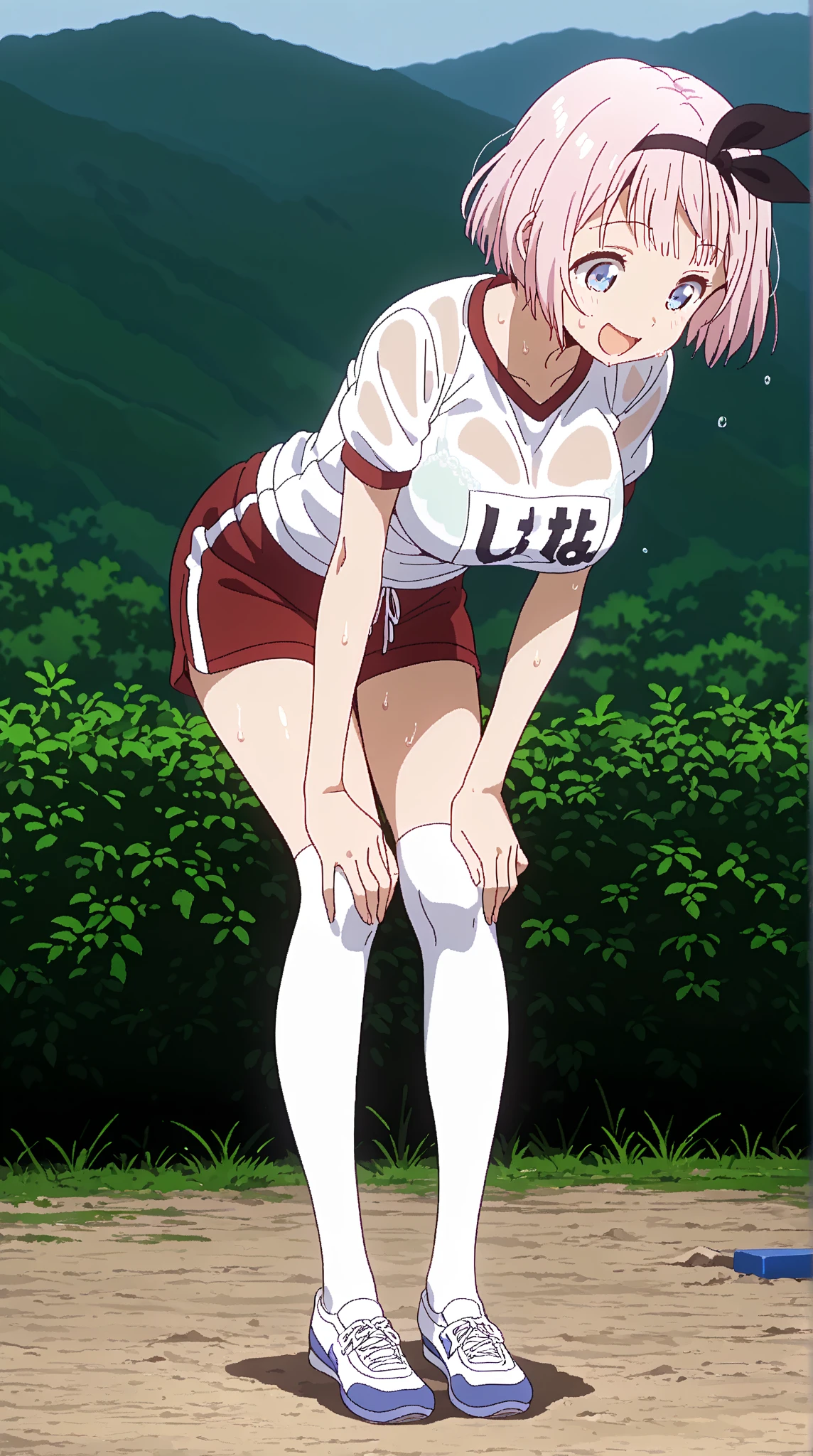 source_anime, highly detailed, 1girl, solo ,tomo takina, 1girl, solo, smile, brown eyes, short hair, brown hair, ((loose socks, female gym uniform, long sleeves shirt, red buruma, white shirt, cameltoe, red sneakers)), full body, standing, hands on hips, anime screencap, track and field background,((wetting self, pee stains, puddle, pee stream)), seen from below, dutch angle