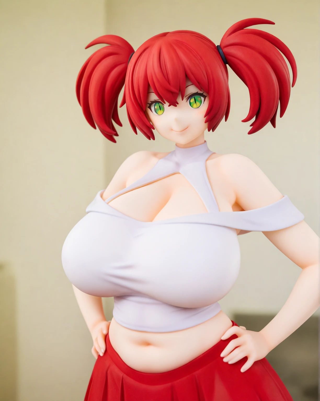 Red short、Red hair, Wearing underwear,Face Real,Doing sexy poses on the bed、Look up from below make eye contact、Face smile、Expression of desire、Cleavage emphasis, Breasts enlarged,Cleavage emphasis,Extra large zoom on chest,Chest zoom,anime style
