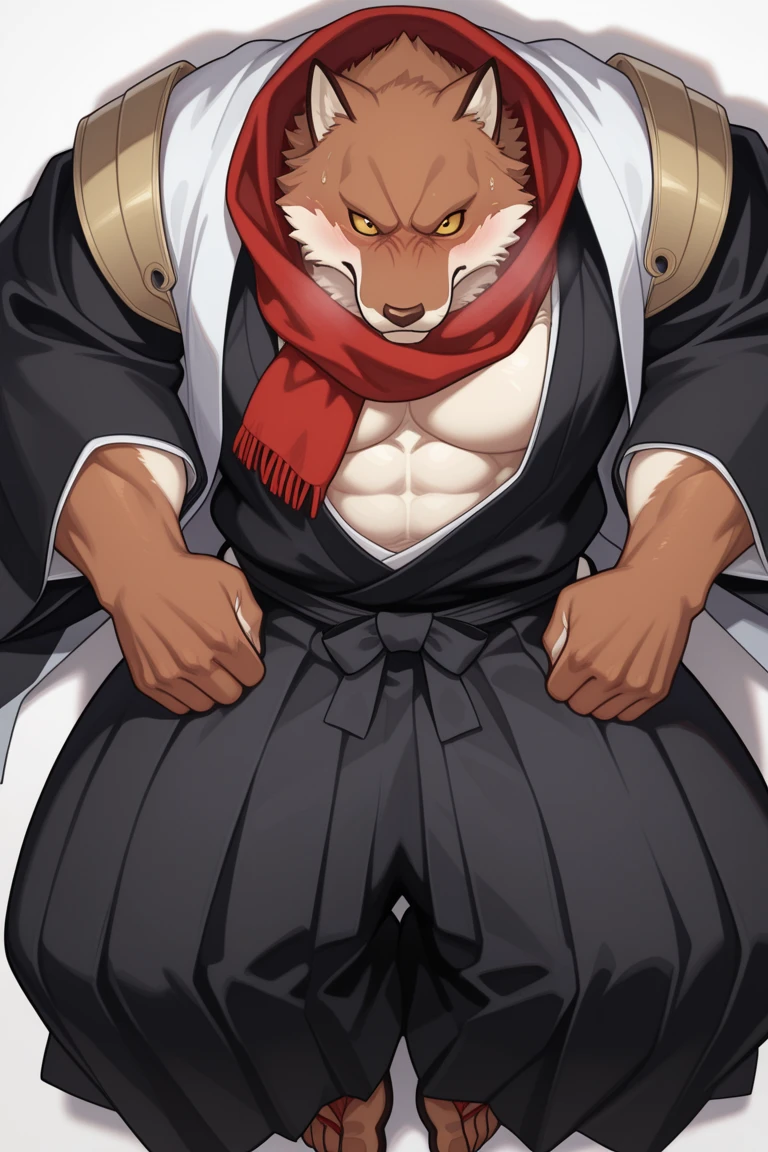 Wolf, By Haps 1boy, abs, animal ears, bara, bulge, full body, white background, Seminude, Kimono, side, Standing, feet, holding Katana,