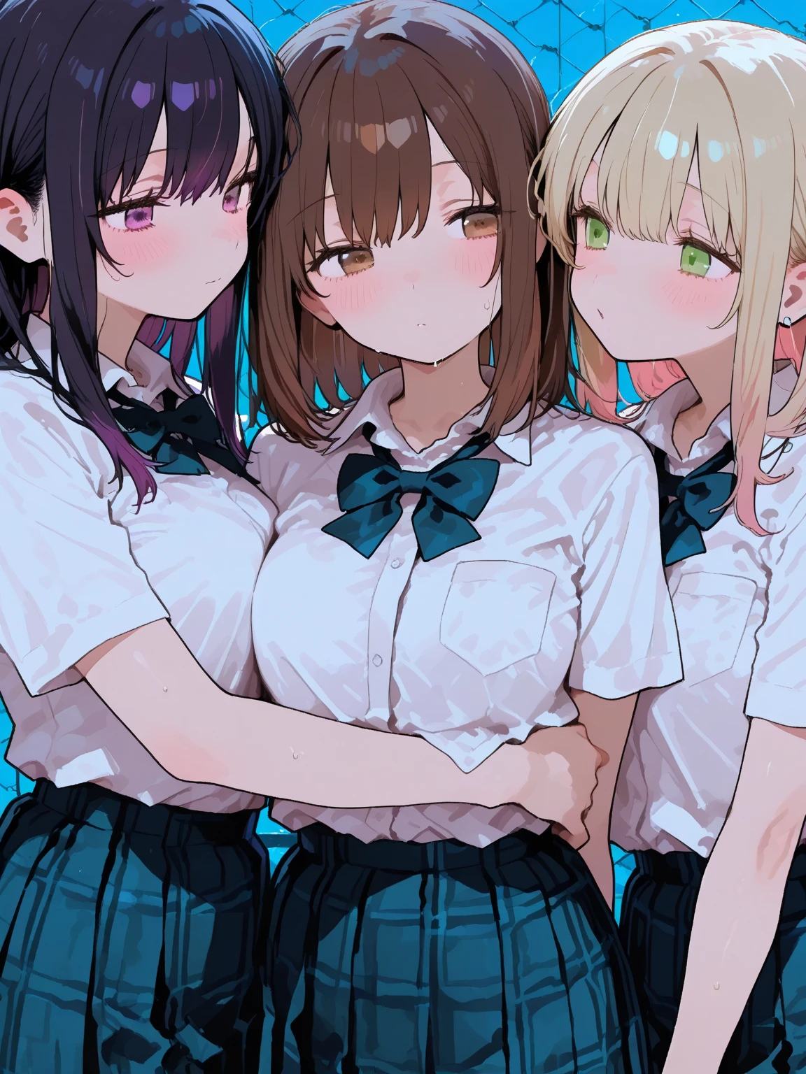 3 girl, 21yo, big breast, cleavage, mature body, school uniform, black skirt, open mouth, tongue, visible bra, spread legs, sitting, show black panties, long hair, twintails, ponytails, multicolored hair, pink inner hair, white hair, blonde, black hair, small fang out, neck choker, (earphones on neck:1), hair pin, earrings, karaoke, (nipple erection), nervous smile, (peace sign:1.1), nice hands, perfect hands, ((surrounded by girls)), (> <:1.2), (one eye closed:0.99), <lora:InequalitySignSmileyExpression:1>, <lora:GoodHands-beta2:1>,