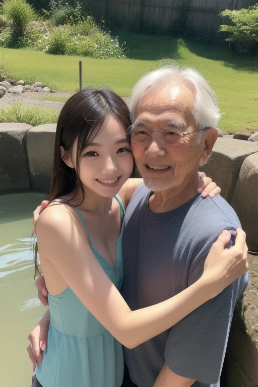 Highest quality、4K quality、(((Naked Couple)))、((age difference couple))、Korean、(Sexy body woman hugging from behind by naked old man)、Full body photography、(A naked old man embraces a woman)、sexy body woman、natural hot spring、(old man is attacking at the woman body)、old man`s fat body、dynamic view、