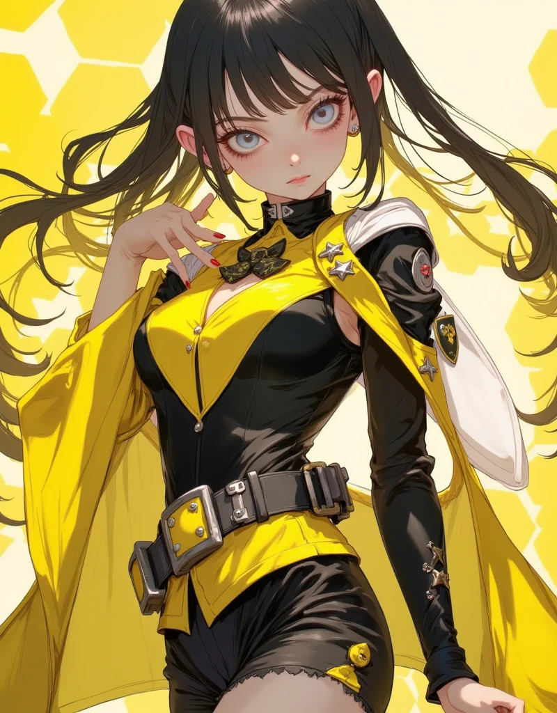 Wide angle shot, full body image, beautiful female fighter, wearing large glasses, black undercut hair, wearing large iron gloves, black and yellow Turtleneck outfit