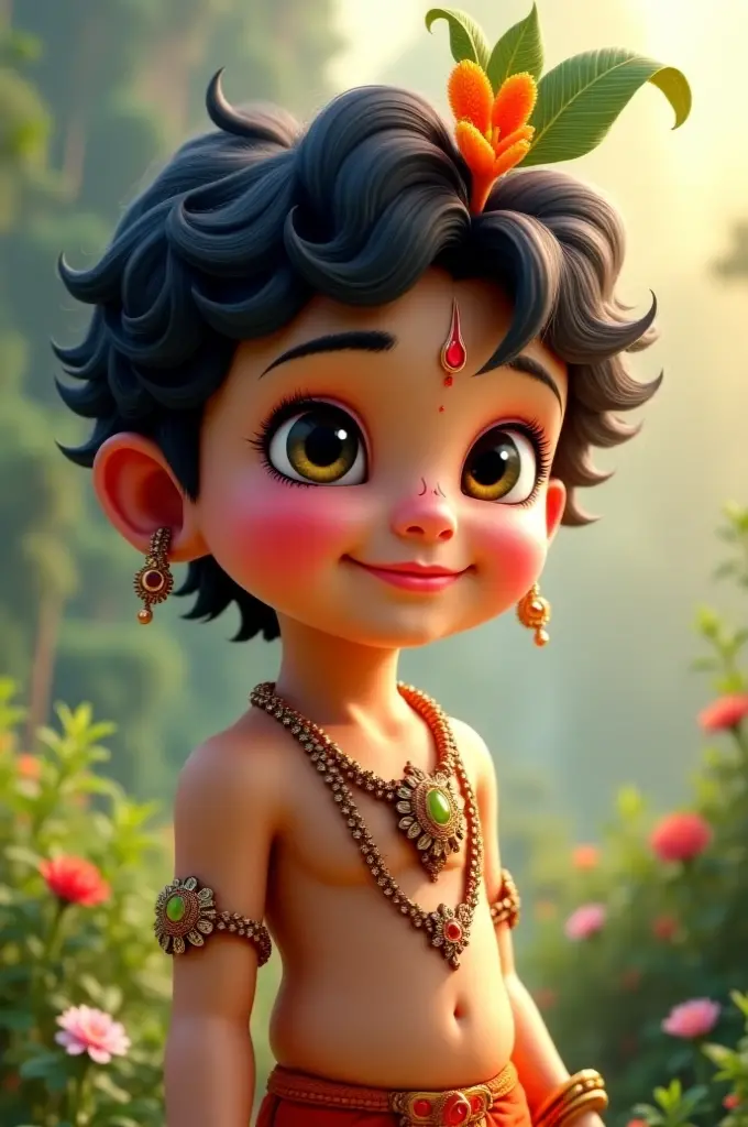  ??? Sri Krishna having peacock feather on head, palace background with cherry blossom, potrait 