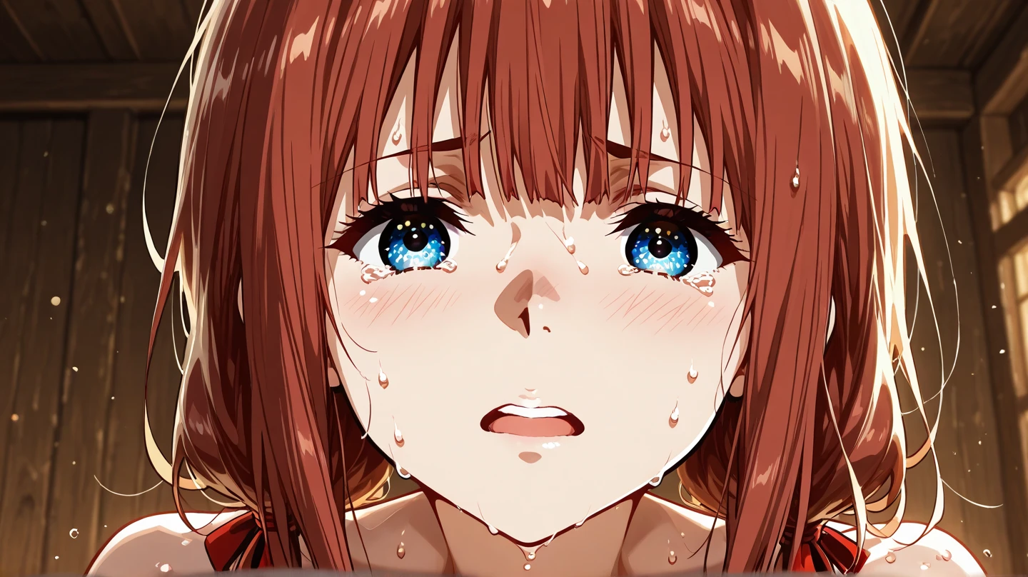(abnn, small , short hair, brown hair, orange hair, ponytail, bangs, red eyes, large breasts),Sweaty,Realistically,realistic,Face Enhancement,nsfw,nude,pubic hair,((orgasm,rape)),