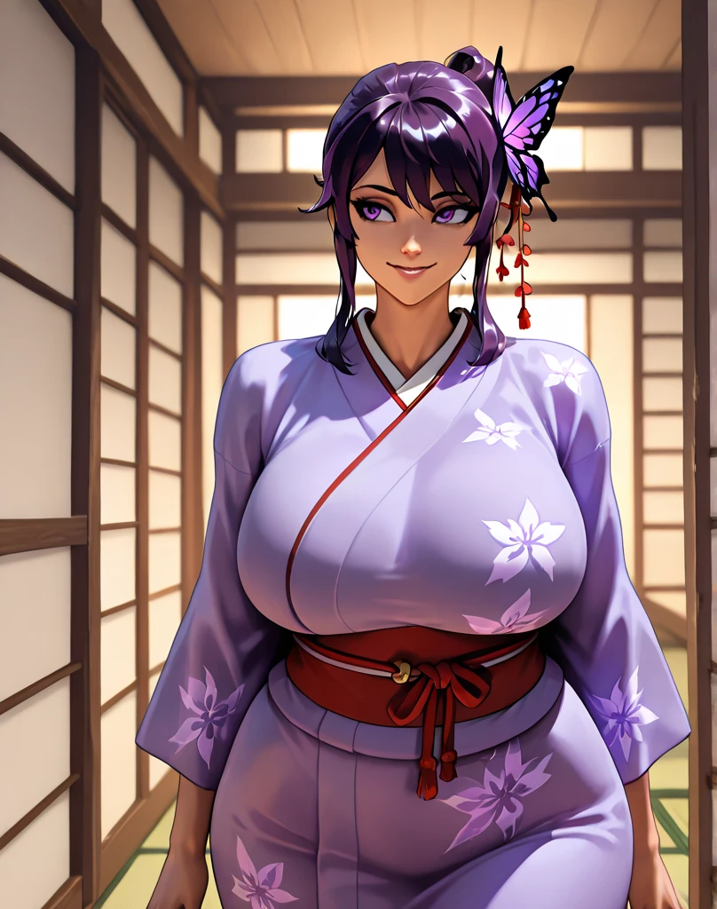 (large breasts:1.5),(shiny,hair),((solo)),((masterpiece)),((best quality)),perfect anatomy,slim waist,perfect image,8k UHD,(beautiful detailed eyes:1.5),extremely detailed face,standing,(upper body:1.3),(look at the front:1.5),arms behindback,ultra-detailed,absurdres,highres,(Purple hair),((blunt bangs)),indoor room,((sensitive smile)),(long hair:1.6),(shiny Purple kimono),mature female,sexy mature women,30 years-old,erotic lips,