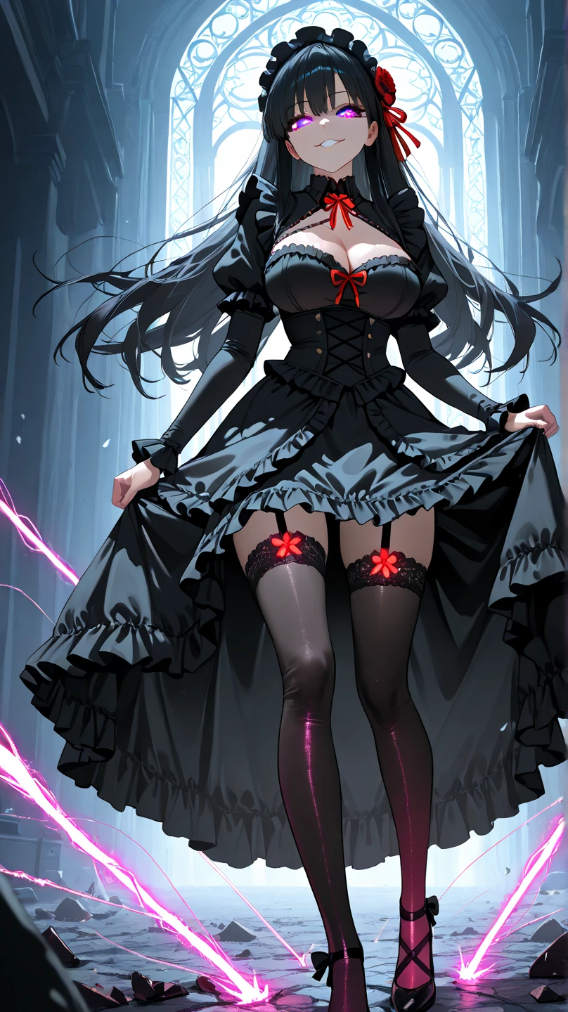 Shalltear Bloodfallen, the royal beauty, stands poised in the shadows of a medieval city's cobblestone streets, her silver hair styled in a ponytail, framing her luminous features. Her bright red eyes gleam like rubies amidst the dark canvas, as she dons an evening dress of black silk and lace, its gothic skirt fluttering in the faint breeze. A ribbon adorned with intricate lace wraps around her torso, securing a medium-short jacket that accentuates her curves. Long lace gloves cover her arms, leaving little to the imagination, while her generous D-cup breasts seem to defy gravity beneath the flowing fabric. The bloody moon casts a crimson glow over the scene, casting long shadows and bathing Shalltear in an otherworldly light.