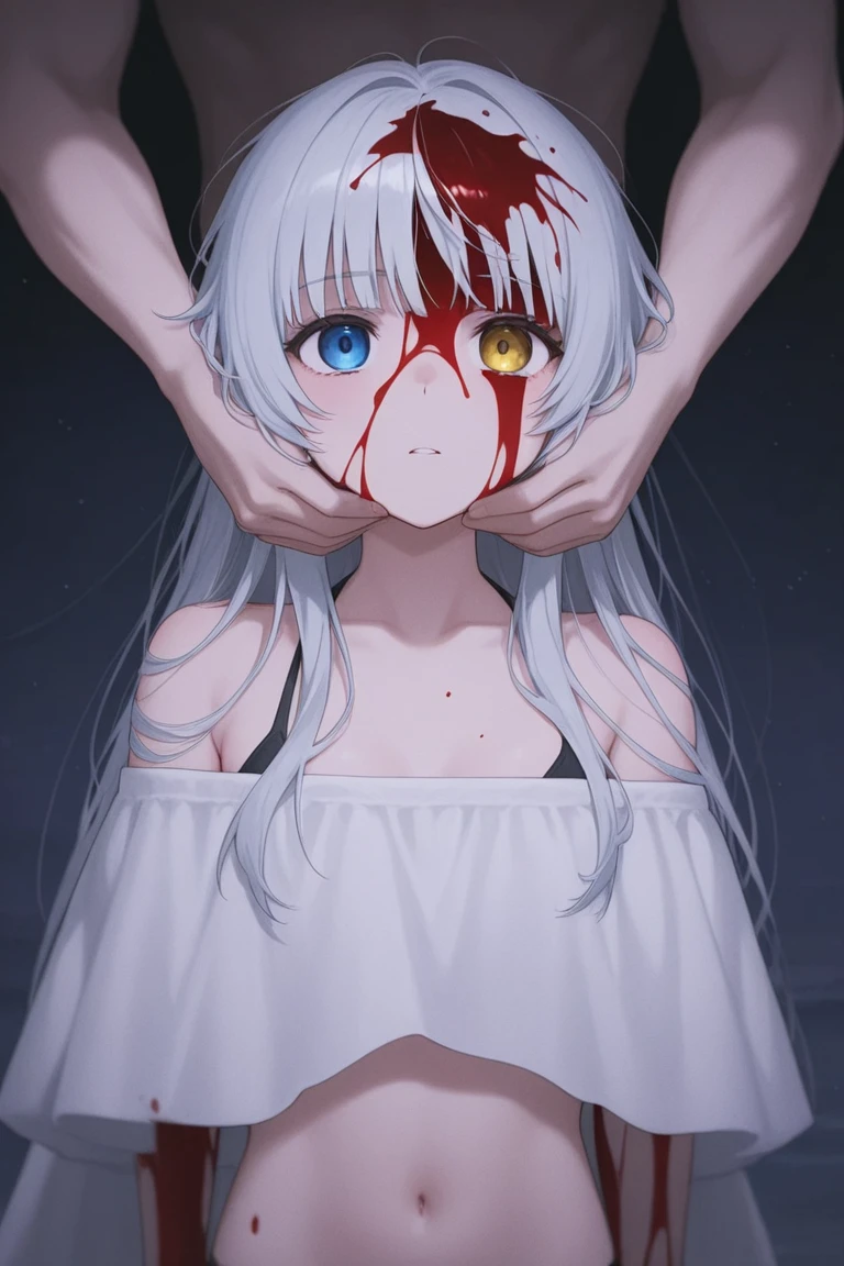 High quality anime style,Cute girl,Long blue-gray hair,belly button,Blood