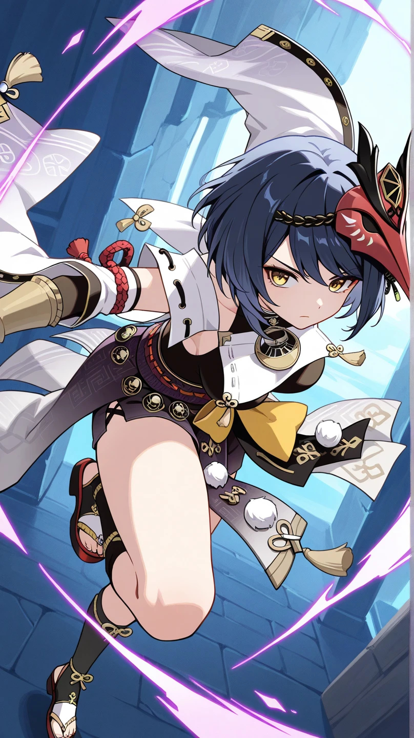 Snow-white skin,one person's,,cool,low length,Shota,cool,juvenile,Neutral face,Black Hair,Japanese style,warrior,Belly button,short hair,Green Eyes,Small Corner,Standing posture,Straight face,Holding a sword in his hand,Young,I can see my belly button,I can see the side,cropped,Are thin,White Skin,Hair covering one eye,Thick eyebrows,Purple eyebrows,Small eyebrows,I can see your belly,Very white skin,Flat Belly,I can see your belly服