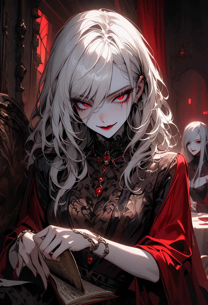 female, ancient vampire, ageless, skin the color of old parchment worn thin in places and thick in others, deep crimson eyes, long, silvery hair, slender yet strong, ~5'8, ~120 lbs, undead, alluring presence, difficult to ignore or resist, elegant, luxurious yet simple clothes, subtly evil smile, drapes, ancient luxurious palace, elegant iron fire pit, close up, decadent, madame, harem, touching another girls face, well-lit