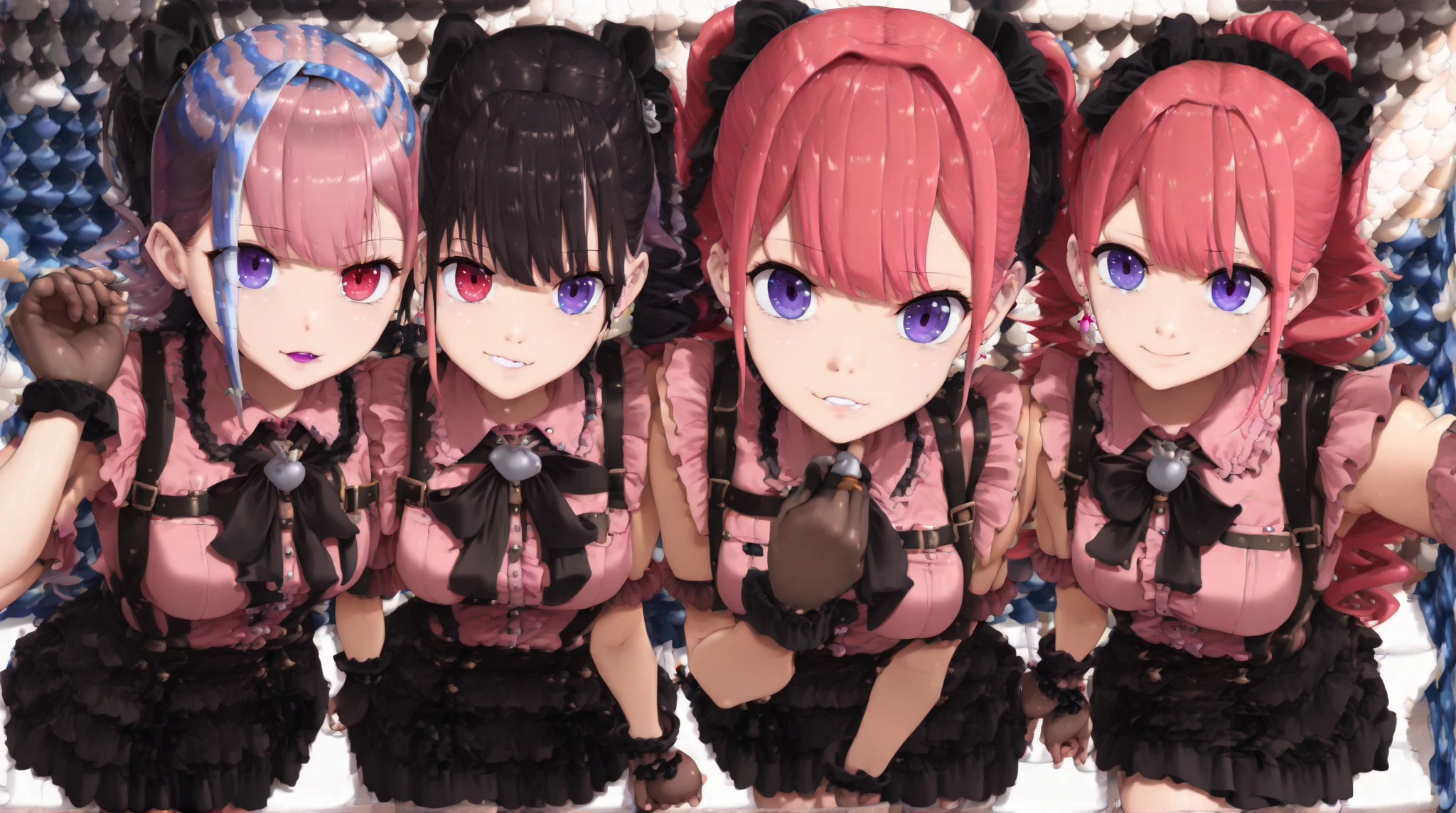 ((2 reggaetoneras lolis:1.5)),((minors, they are 16 years old, even less are less than 16 years old)),((happy ahegao expression)), ((hentai style reggaetoneras clothing:1.5)) ,(( bare breasts exposed)), ((very high red plaid tiny ultra short mini skirt)), ((thigh socks)),((standing together dancing reggaeton)), ((white shirt tied and unbuttoned)), ((hairs in pigtails and side ponytail, wavy)),((pink heart shapes)),((juicy and sagging breasts hentai style:1.5)), (detailed light-peach-colored skin), heavy breasts, small areolas, big thighs, (symmetrical cute detailed realistic face:1.2), (cute intense detailed realistic eyes:1.2), cute human nose, (highly-detailed cute lipouth), eyelashes, eyeliner, 4k, High detail RAW color Photo, hyperrealistic, highly detailed, hasselblad, gigapixel, on focus, cinematic lighting, (erotic), narrow shoulders, (sexy(fit) physique, cute proportional woman), (perfect anatomy), masterpiece, highest quality,