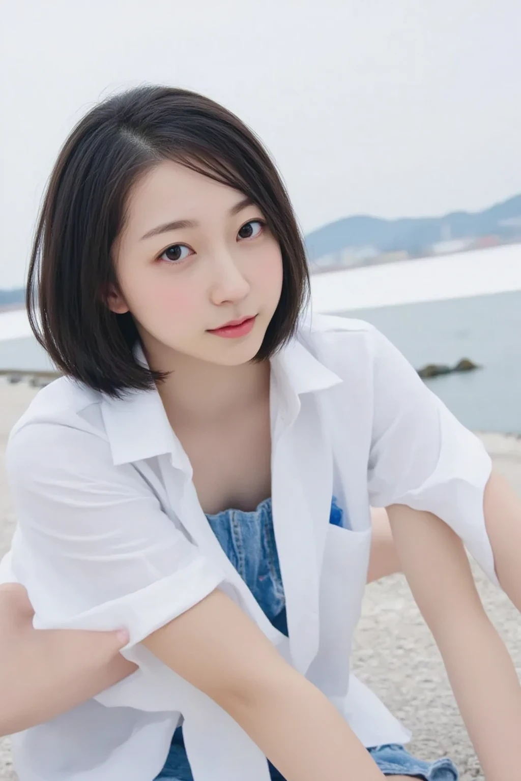 nsfw。pretty girl、Round face、Baby Face:1.6、10A woman in her 20s with black hair and a short bob。。No clotheaking a peace sign with both hands near his face。Mouth wide open。Sticking out tongue。Cross-eyed。Looking up。Spreading her legs。