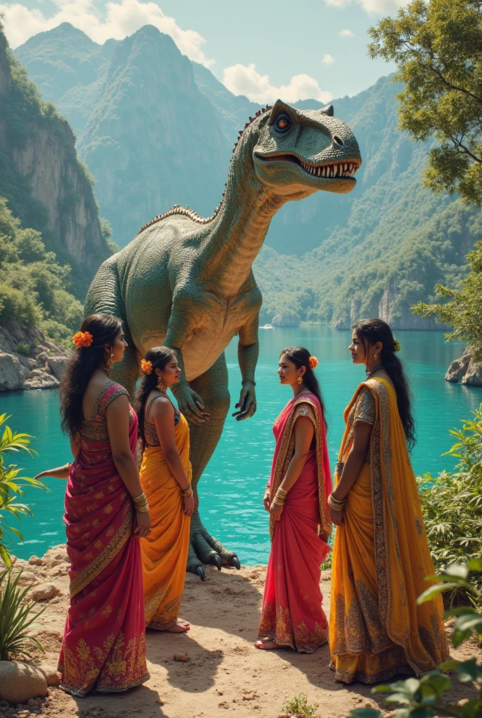 The Three African mother are carrying children on their backs while on their heads they are carrying fire wood One is carrying water when in front of them comes a very dragon