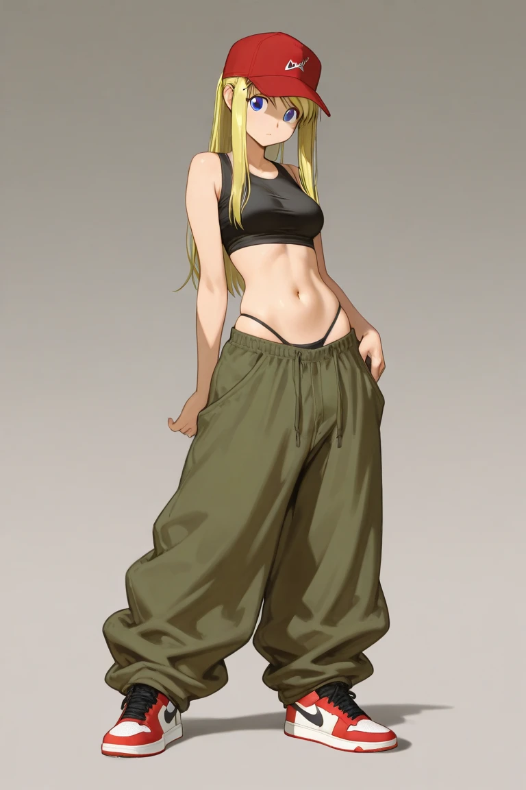 1girl, pixel-winry, sports bra, cargo pants, bandana, <lora:winryRockbell_v10:0.6>