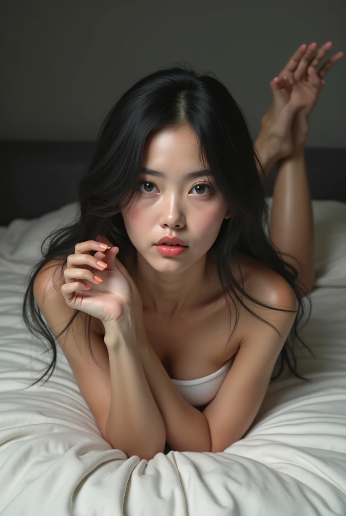 bedroom、highest quality、High resolution、perfect pixel、8k、finely、perfect dynamic structure、Finely beautiful eyes、on the bed、sleep on your back、open your legs、black hair、Natural color lip、woman、2、transparent skin、Super detailed.brashorts、breasts、dripping sweat、full of sweat、thin thighs、beautiful feet、delicate、open mouth、underwear、Hands behind the pillow、black hair