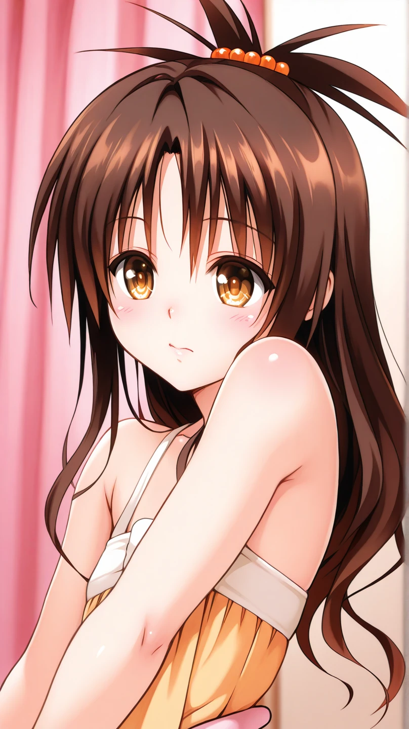 masterpiece, best quality, very aesthetic, absurdres,
yuuki_mikan( to_love-ru), to_love-ru, 1girl, orange_eyes,long_hair,  brown_hair, hair_ornament,grey_skirt, halterneck, miniskirt, pink_footwear, pink_top, shoes, skirt, socks, white_socks,bare_arms, bare_shoulders, in street