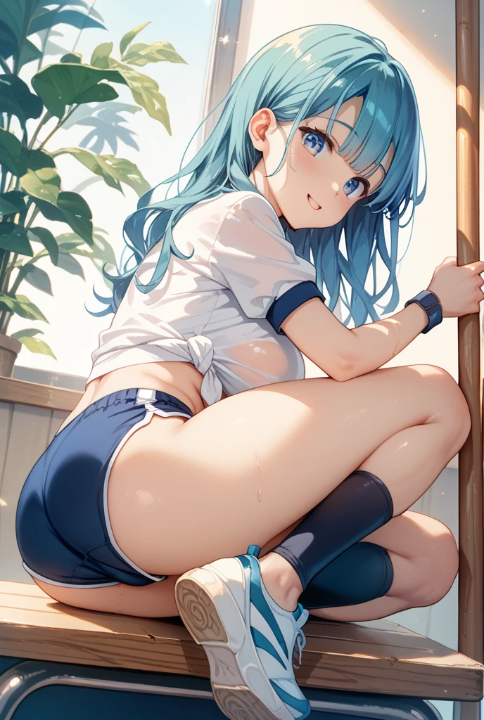 (masterpiece:1.2), best quality, high resolution, unity 8k wallpaper, (illustration:0.8), (beautiful detailed eyes:1.6), extremely detailed face, perfect lighting, extremely detailed CG, (nymph \(sora no otoshimono\), , blue hair, long hair, twintails, blue eyes, short stature, small breast, solo,), sitting, spread legs, no bra, show off nipple, nipple, torn clothes, open-breast clothes, very short skirt, lift skirt, torn skirt, blue striped pattern panties, torn panties, vagina, gleaming skin, moist skin, embarrassed, open mouth, noon, in the park, from below, looking at viewer, troubled face,