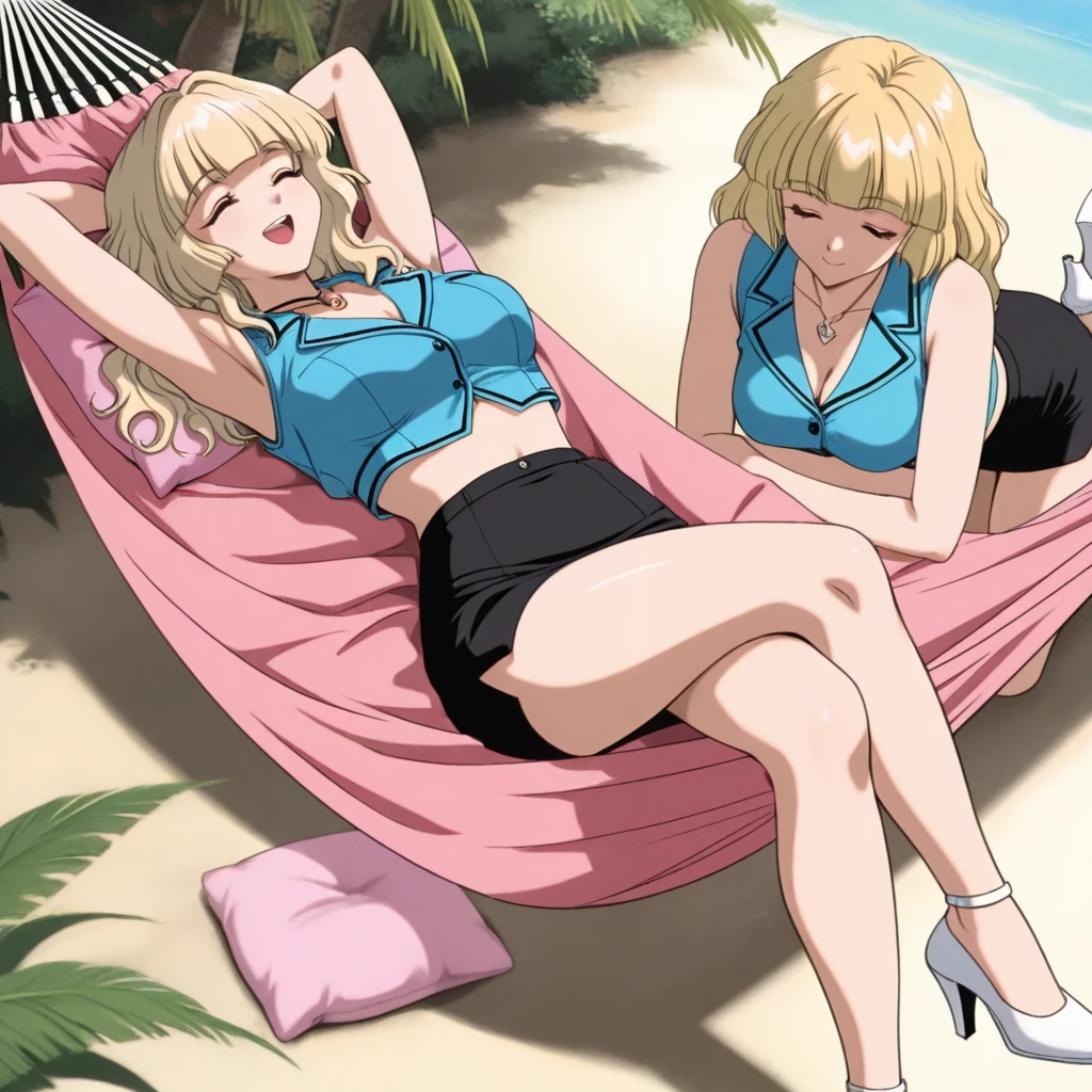 blond hairbl,Royal sister temperament,Coquettish,Leopard print bikini,Sweat can be seen,Sit on a beach chair,spread their legs,White lace-up sandals,perfect bodies,Beach chair in the background,You can see the background,high qulity,high detal,Eyes heart-shaped,roll eyes,first person,Touch her ass,with fair skin,oestrus,Fornication,Semen on the face