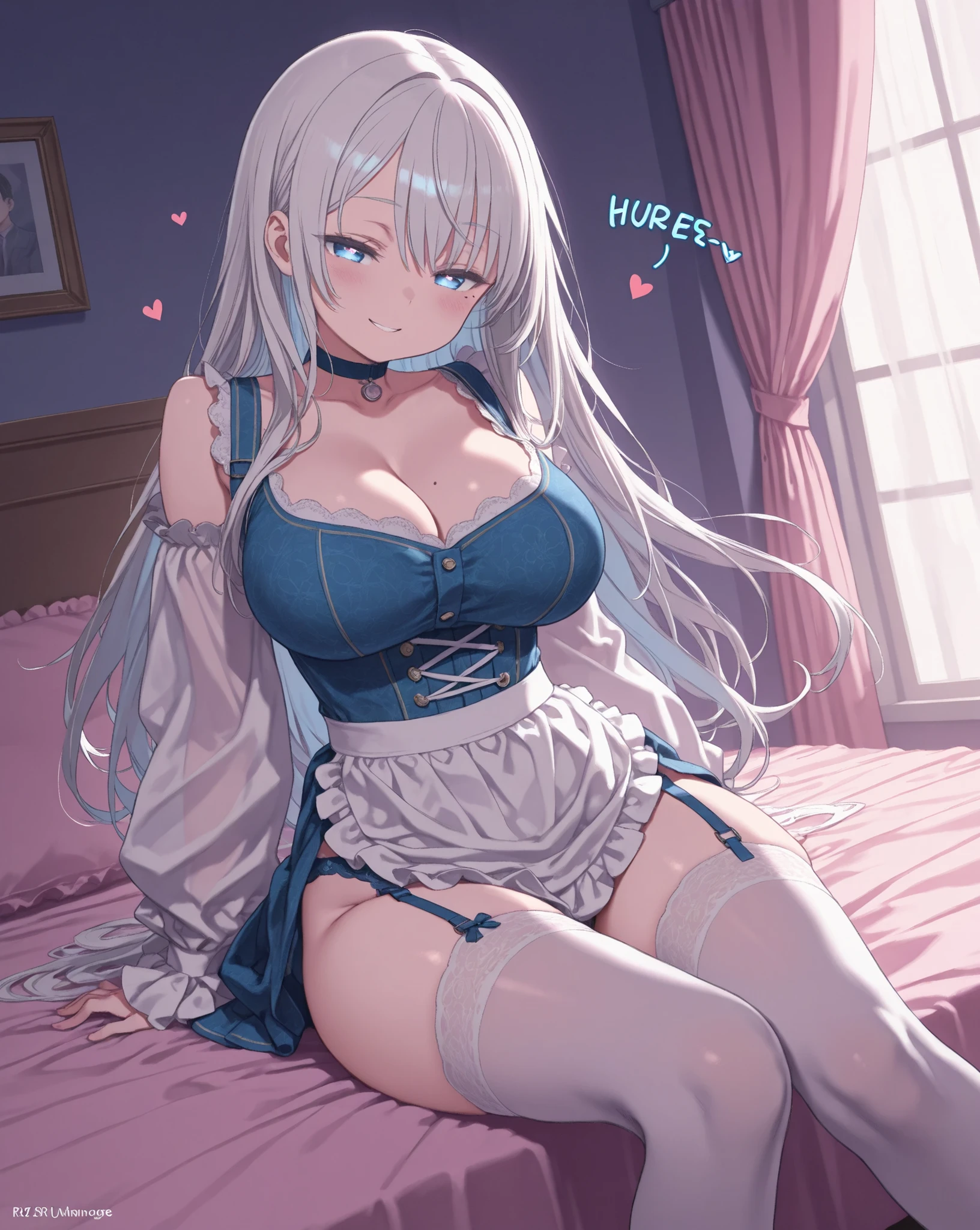 kuroboshi、side view of a very attractive girl、one girl looking down at the viewer at an angle、grins、Naughty Smile、mole under the right eye、half-closed eyes、Narrow eyes、blue eyes、heart mark in the eye、long hair、white hair、blue mesh color、 very white skin 、super big 、{super big 輪}、Extremely Deep Cleavage、emphasizes cleavage、wide hips、thick thighs、Long, slender legs、high socks、garter belt、Blue Dirndl costume、voluminous sleeves、Moose Sleeve、plapsound, sound effects, english text、masterpiece、human body anatomically accurate human body、{{{best quality}}}、Highest Quality、最高masterpiece、high definition、after being played in high definition、 beautiful expression of light、{skin that reflects light}、{ Extremely Fine Skin}、HD,16K,R18、Highly Detailed Background、Girl's Bedroom、Energy Drain、 Girl Sitting on Bed、pink bed、Indoors at Night、curtains closed、Pretty indoor、aya