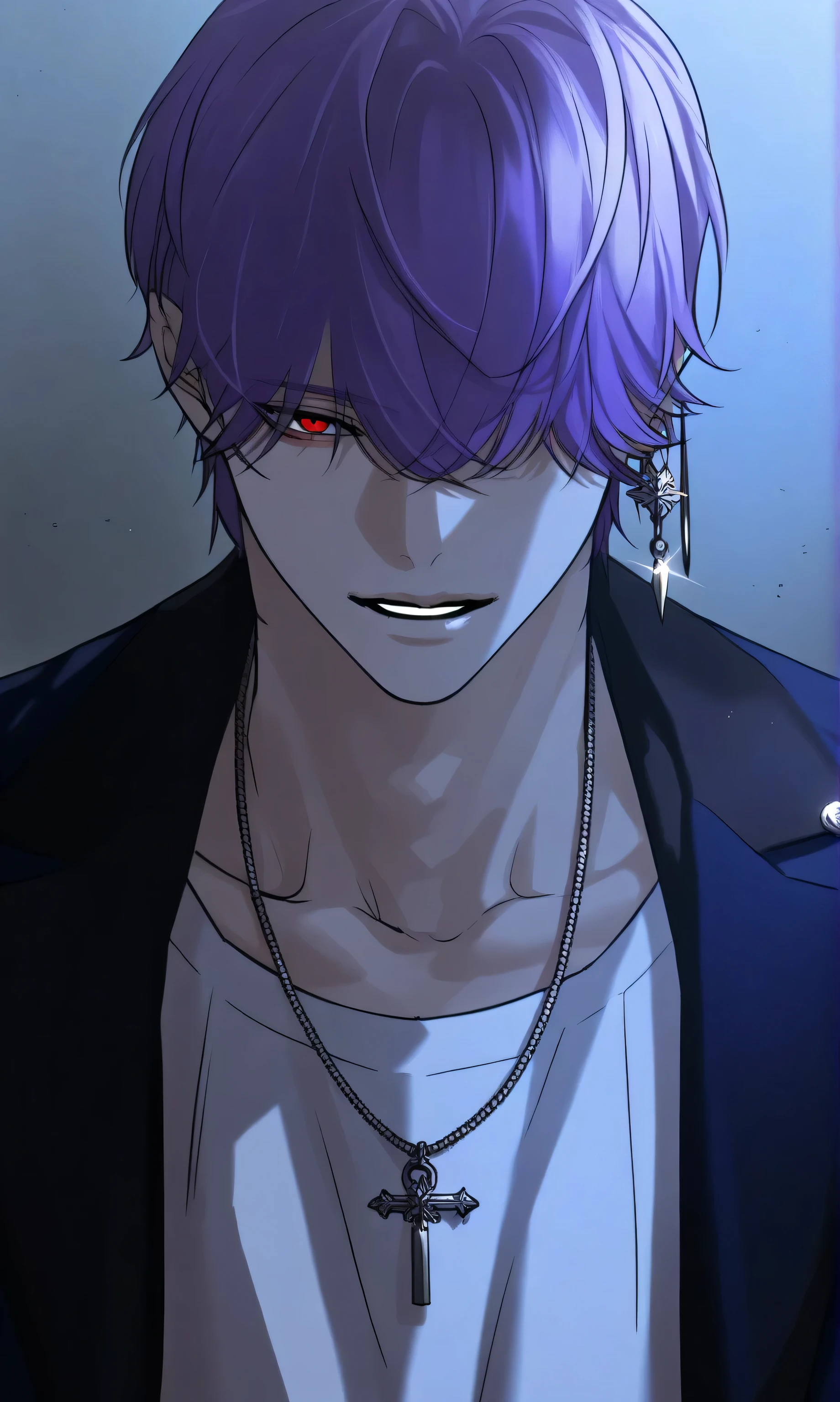 1male,solo,purple hair,hair over eyes,1eyes,red eyes,Pale skin,Navy blue blazer,white shirt,earing,