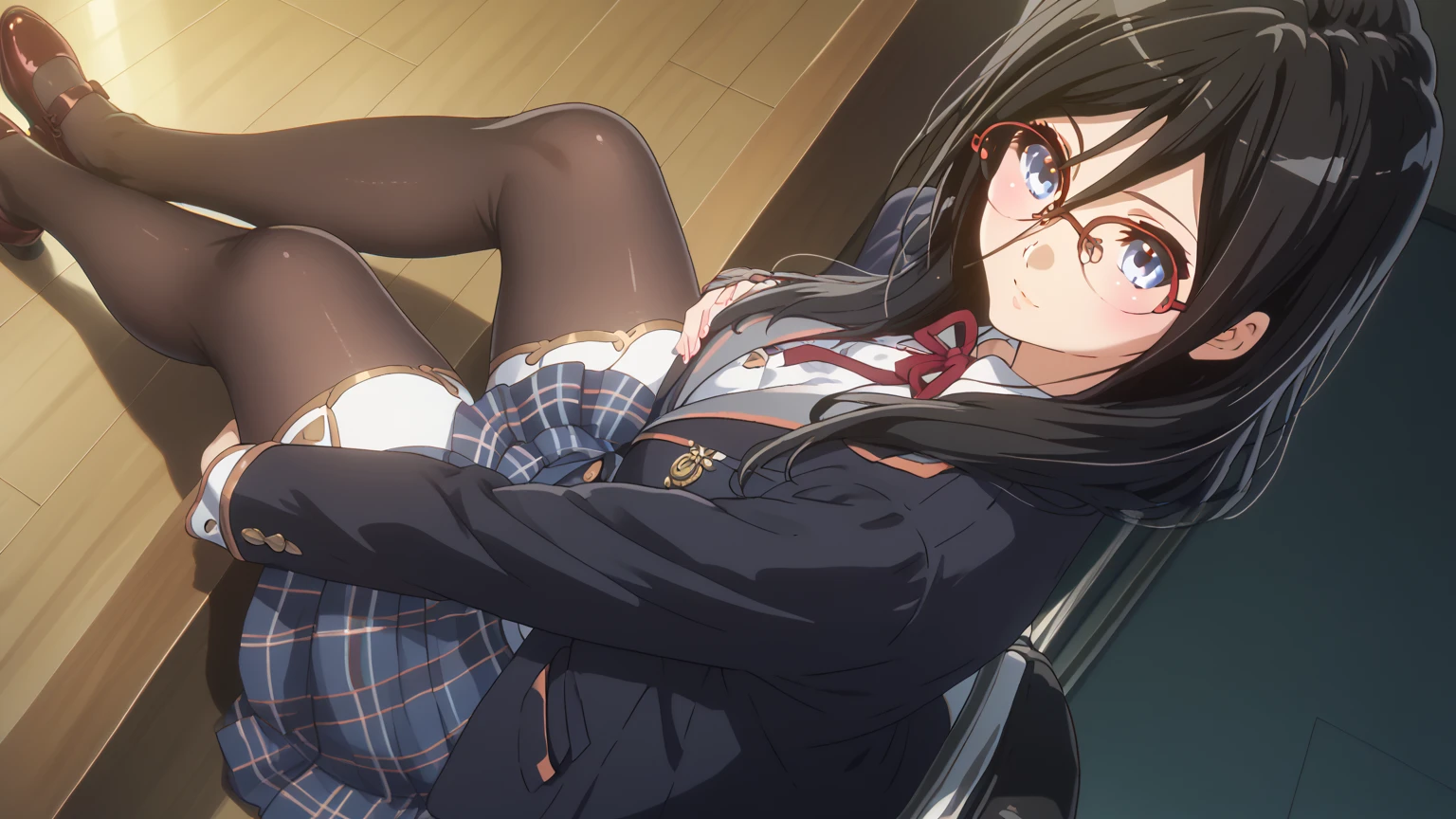 A girl with short black hair and small breasts in a blazer uniform is crying in disgust after a molester touches her pubic mound over her panties on a train