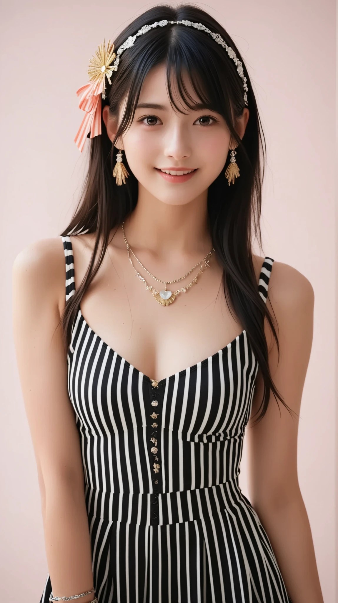 A cheerful Japanese woman with long straight black hair, smiled warmly while touching her chin gently. She wore a stylish dress Toska-colored idol sparkles with silver-frined vertical stripes and a short skirt. Accessories she wore included matching bracelets and necklaces, decorated with toska-colored ribbons and colorful ribbons. She also wore blue and yellow hair ornaments. Pink plain background. Bright lighting as in studio and professional portrait style.