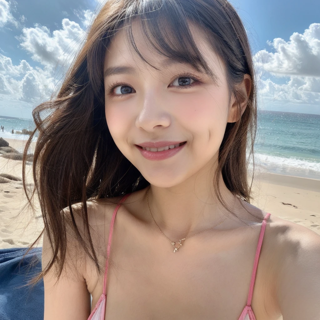 (Best quality, 8k, masterpiece: 1.3), a beautiful woman with perfect figure: 1.4, dark brown hair, (blunt bangs:1.2), wearing a pendant, pink-bikini, in the beach, highly detailed face and skin, detailed eyes, double eyelids, big breasts, smile